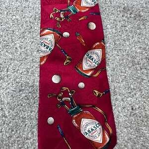 Tabasco Golf Theme Red Silk Men's Neck Tie Featuring Hot Sauce Golf Bags and Clu